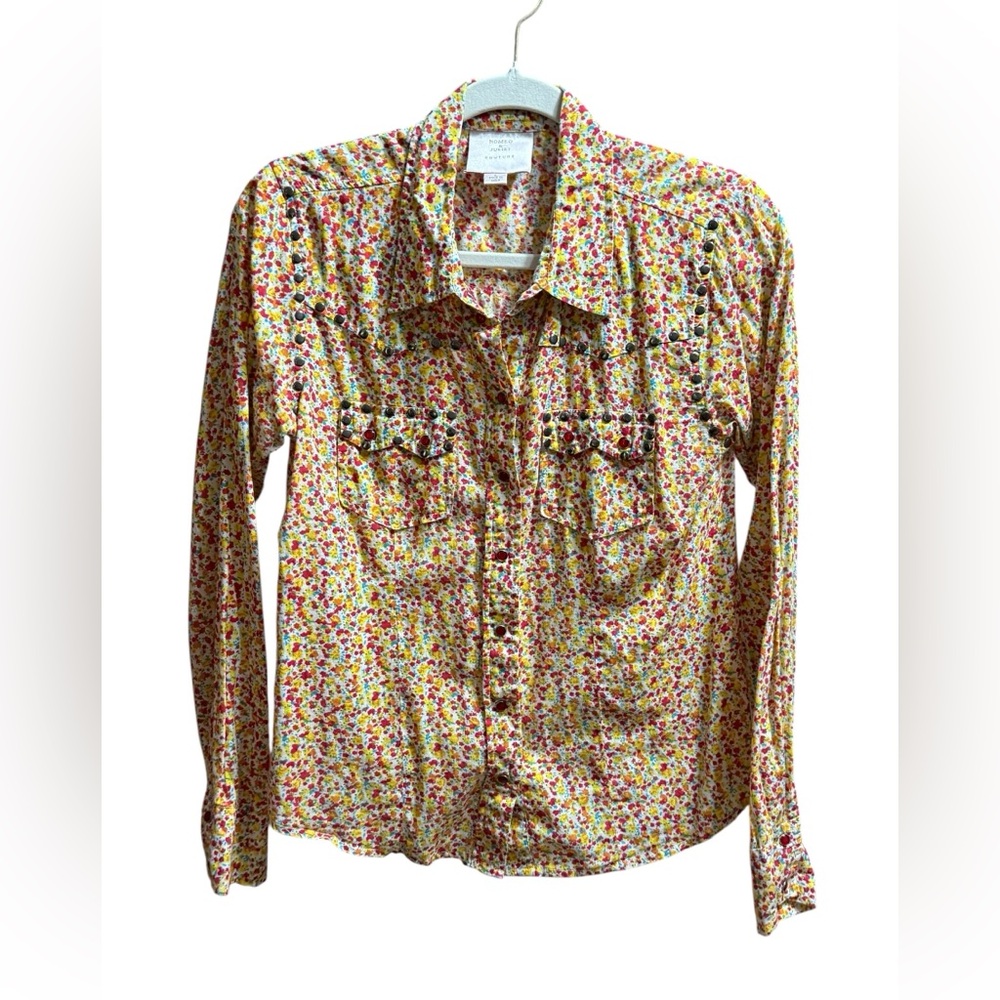 Y2K Boho Retro Ditsy Floral Western Style Red Snap Collar Shirt sz L‎